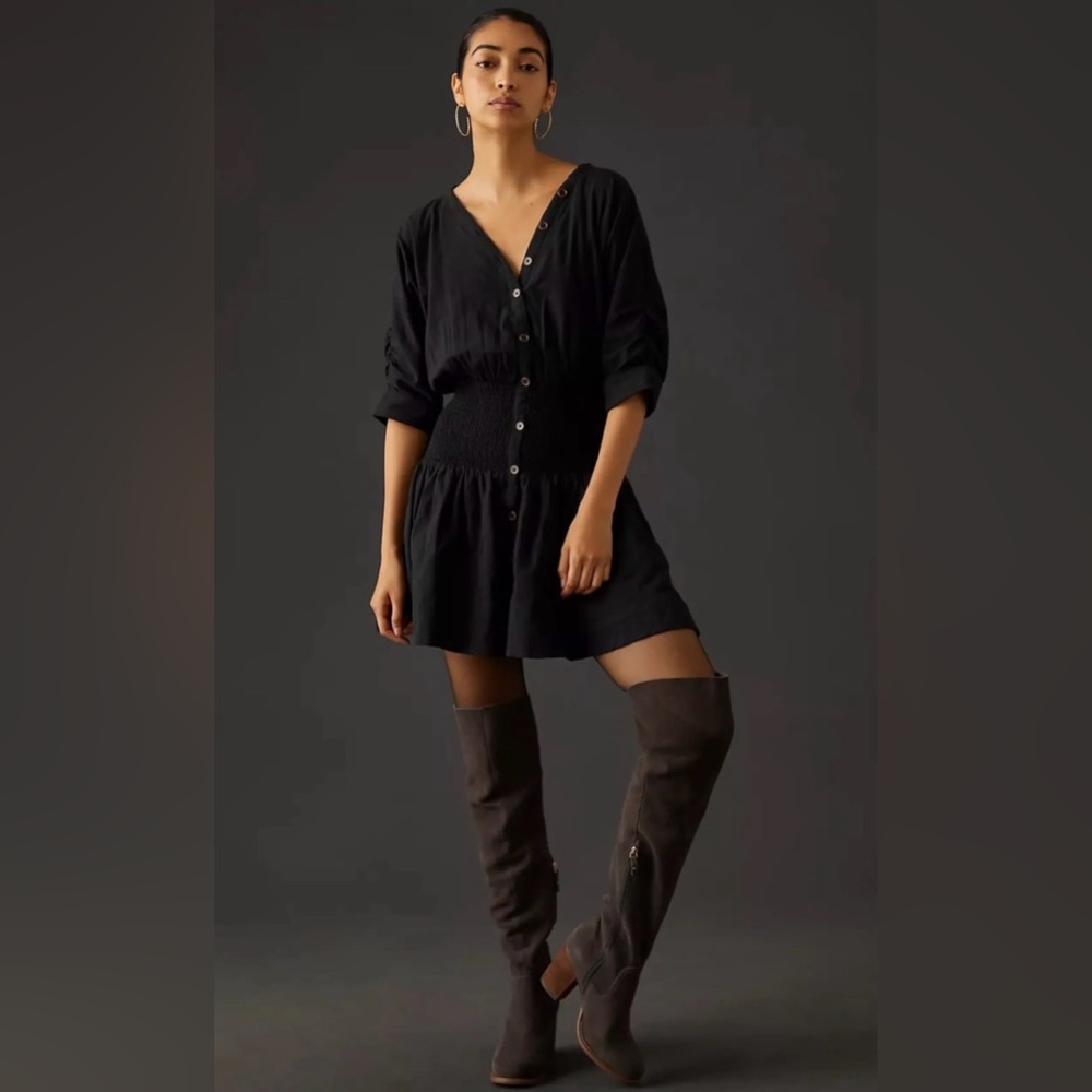Maeve Anthropologie Black Smocked Waist Mini Dress Boho Button Front Dress L